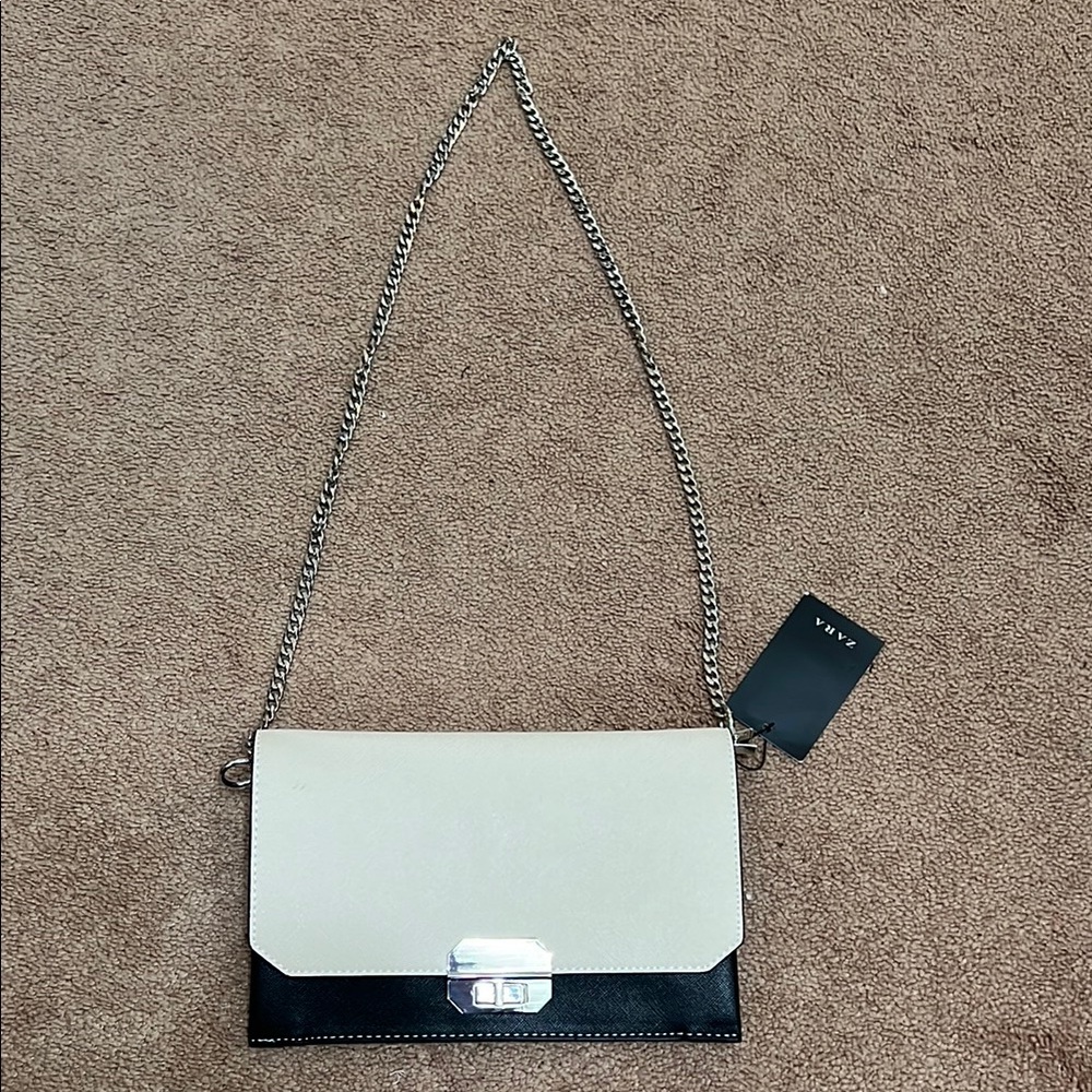 Zara White and Black Crossbody Bag with Chain Strap